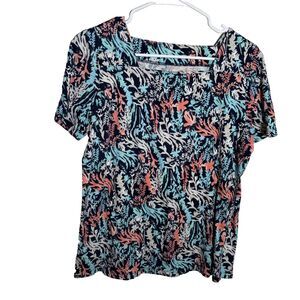 Coral Bay T-Shirt Women's Small Printed Square Neck Short Sleeve Casual Top